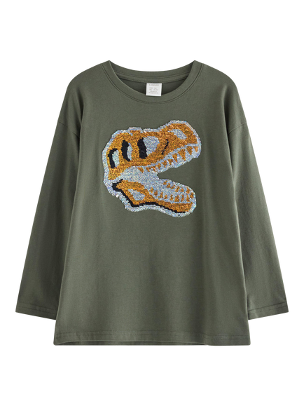 Lindex Kids' Reversible Sequin Dinosaur Motif Top, Dark Khaki Green, Dark Khaki Green