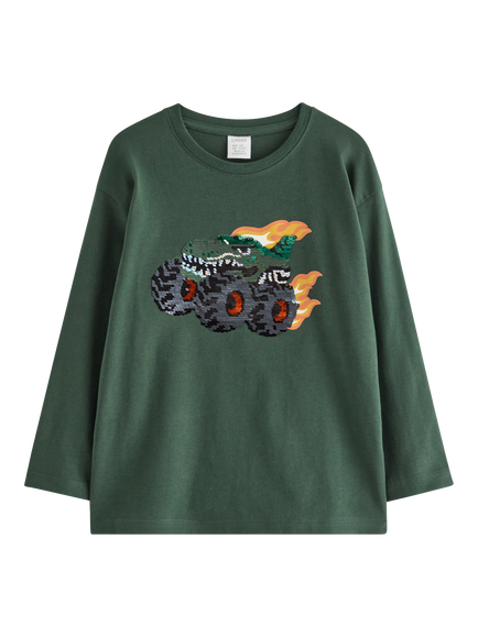Lindex Kids' Long Sleeve Monster Truck Top, Dark Dusty Green, Dark Dusty Green