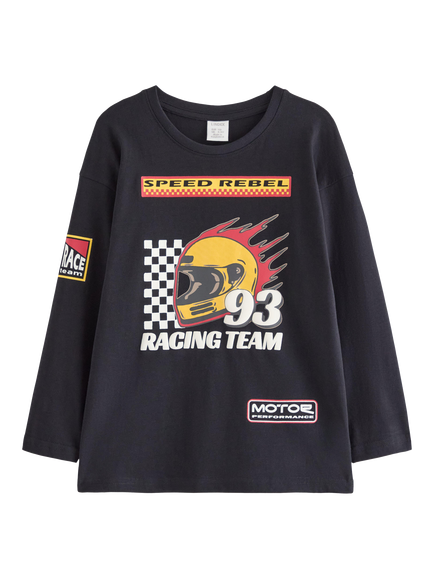 Lindex Kids' Racing Print Long Sleeve Top, Black, Black