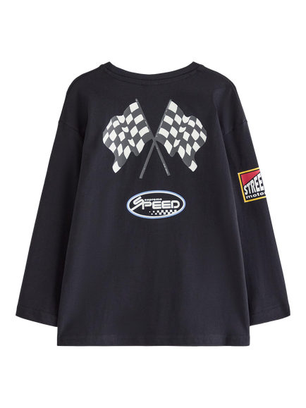 Lindex Kids' Racing Print Long Sleeve Top, Black - view 2, Black