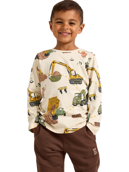Lindex Kids' Construction Print Long Sleeve T-Shirt, Light Beige, Light Beige