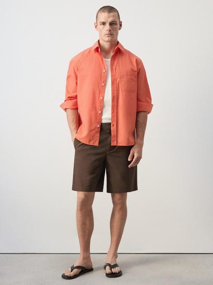 Mango Relaxed Long Sleeve Button-Down Shirt, Coral Red, Coral Red