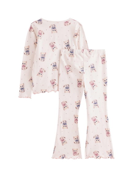 Lindex Kids' Kitten Print Pyjama Set, Light Pink - view 2, Light Pink