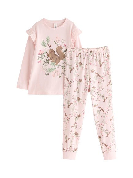 Lindex Kids' Squirrel Print Pyjama Set, Light Pink, Light Pink