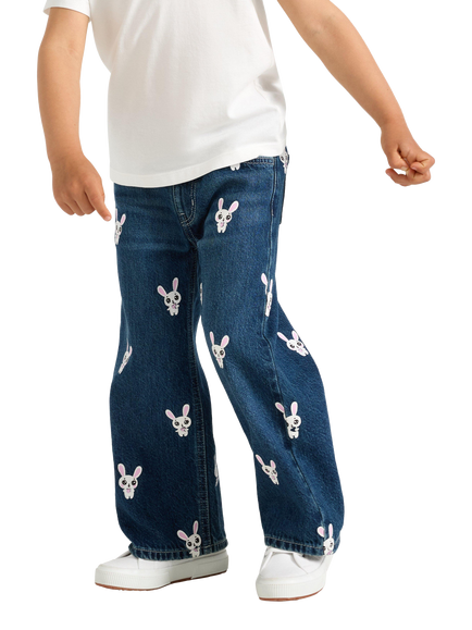 Lindex Kids' Bunny Print Wide Leg Jeans, Blue, Blue