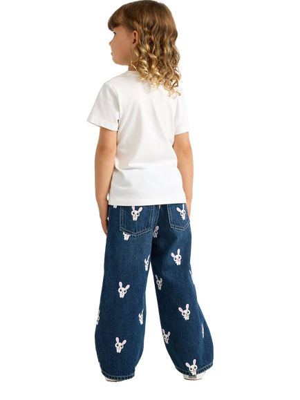 Lindex Kids' Bunny Print Wide Leg Jeans, Blue - view 2, Blue