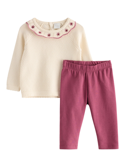 Lindex Baby Floral Embroidered Jumper & Leggings Set, Dusty White, Dusty White