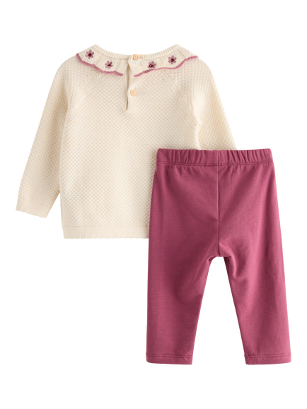 Lindex Baby Floral Embroidered Jumper & Leggings Set, Dusty White - view 2, Dusty White