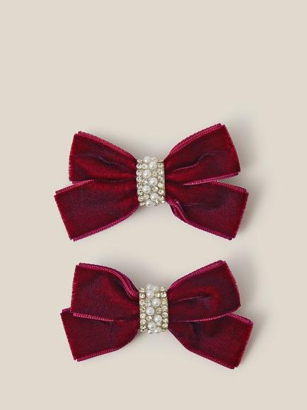 Monsoon Kids' Velvet Bow Hair Clips, Red, Red