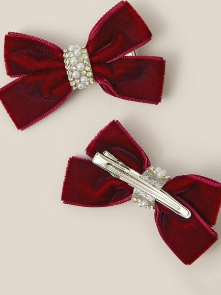 Monsoon Kids' Velvet Bow Hair Clips, Red - view 2, Red