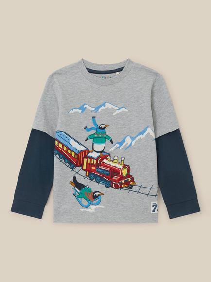 Monsoon Kids' Penguin Embroidered Christmas Long Sleeve Top, Grey, Grey