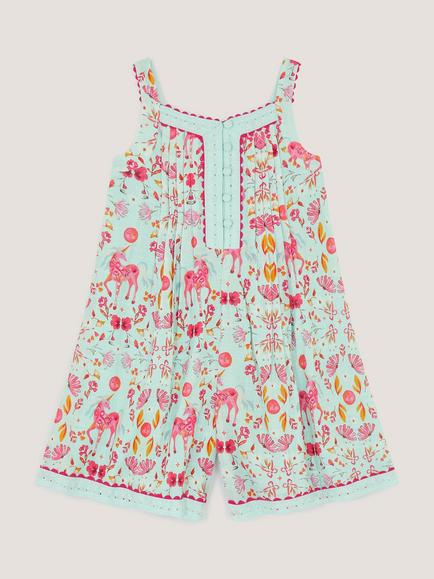 Monsoon Kids' Unicorn Floral Print Playsuit, Blue - view 2, Blue