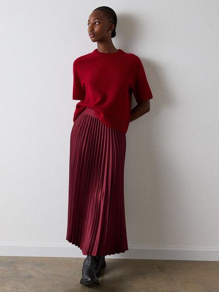 Whistles Satin Pleated Midi Skirt, Burgundy, Burgundy