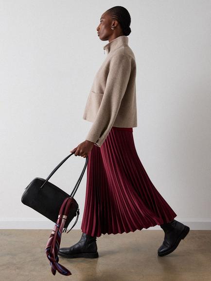 Whistles Satin Pleated Midi Skirt, Burgundy - view 2, Burgundy