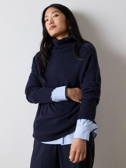 Whistles Cashmere Seam Roll Neck Jumper - view 2, Navy