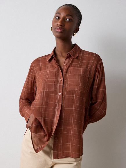 Whistles Etched Check Sheer Shirt, Brown/Multi, Brown/Multi