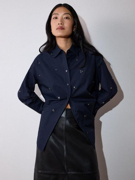 Whistles Jewelled Cotton Poplin Shirt, Navy/Multi, Navy/Multi