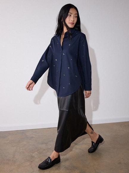 Whistles Jewelled Cotton Poplin Shirt, Navy/Multi - view 2, Navy/Multi