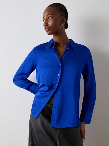 Whistles Satin Viscose Collared Shirt, Cobalt, Cobalt