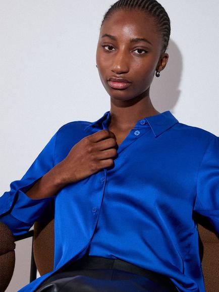 Whistles Satin Viscose Collared Shirt, Cobalt - view 2, Cobalt