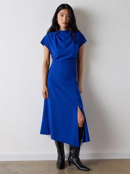 Whistles Crepe Ruched Midi Dress, Blue, Blue
