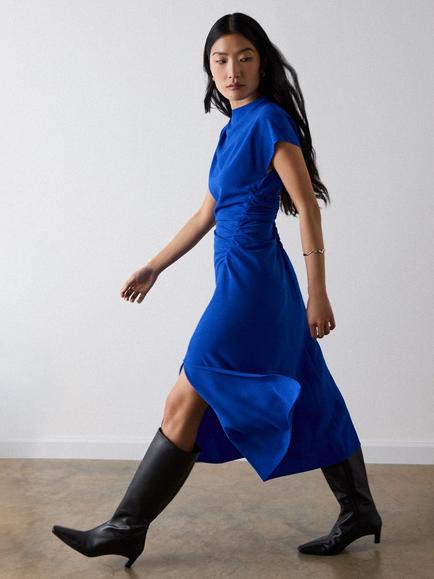 Whistles Crepe Ruched Midi Dress, Blue - view 2, Blue