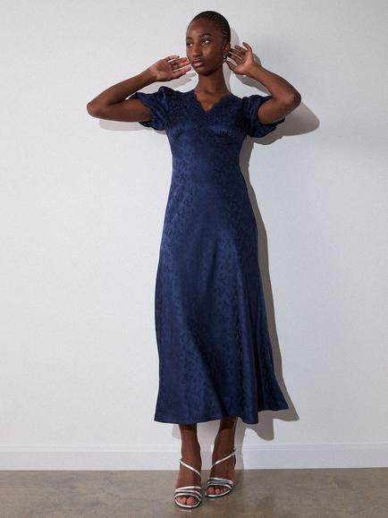 Whistles Jacquard V-Neck Midi Dress, Navy, Navy