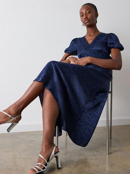 Whistles Jacquard V-Neck Midi Dress, Navy - view 2, Navy