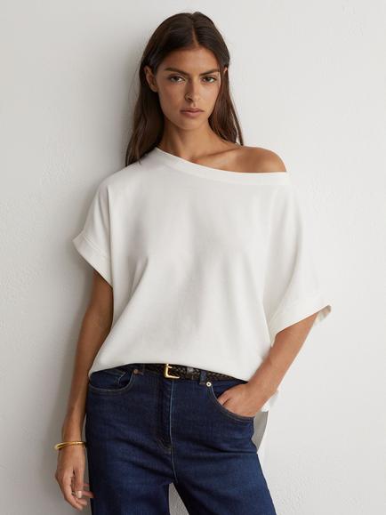 Reiss Sia Cotton Cold Shoulder Neck T-Shirt, White, White