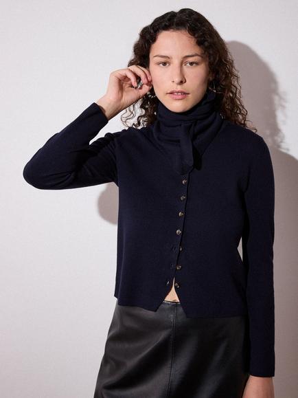 Whistles Crew Neck Scarf Detail Cardigan, Navy, Navy