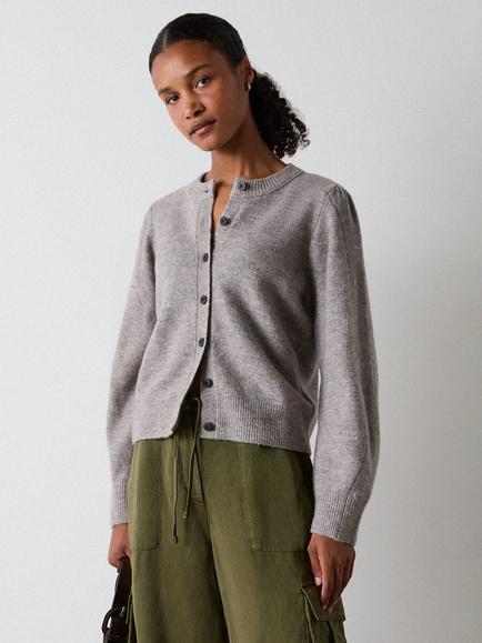 Whistles Wool Blend Puff Sleeve Cardigan, Neutral, Neutral