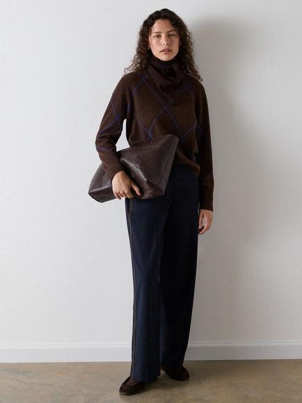 Whistles Wool Contrast Diamond Knit Jumper, Brown/Multi