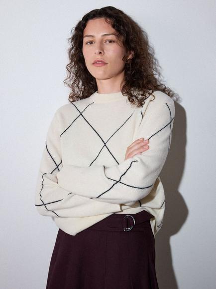 Whistles Wool Contrast Diamond Knit Jumper, Ivory/Multi