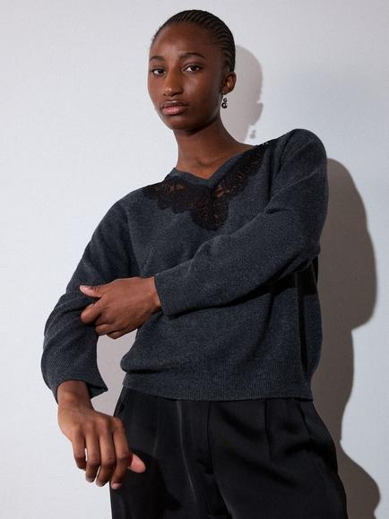 Whistles Wool Rich Lace Trim Knit Jumper, Dark Grey - view 2, Dark Grey