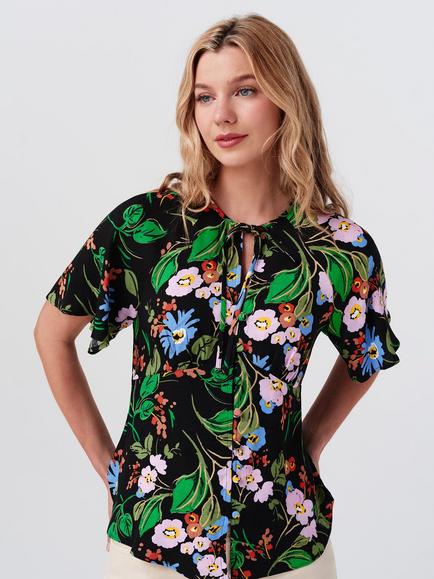Ghost Frida Floral Tie Neck Top, Black/Multi, Black/Multi