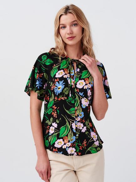 Ghost Frida Floral Tie Neck Top, Black/Multi - view 2, Black/Multi