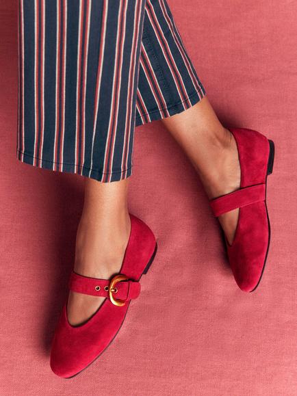 Boden Kylie Flat Buckle Mary Jane Suede Shoes, Wine - view 2, Wine