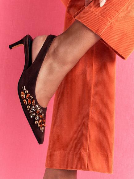 Boden Hope Suede Pointed Toe Embellished Slingback Court Shoes, Bitter Chocolate - view 2, Bitter Chocolate