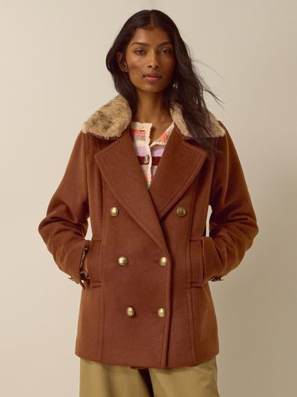 Monsoon Sabrina Faux Fur Collar Pea Coat, Brown, Brown