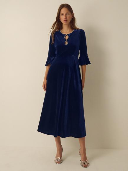 Monsoon Clara Embellished Velvet Midi Dress, Navy, Navy