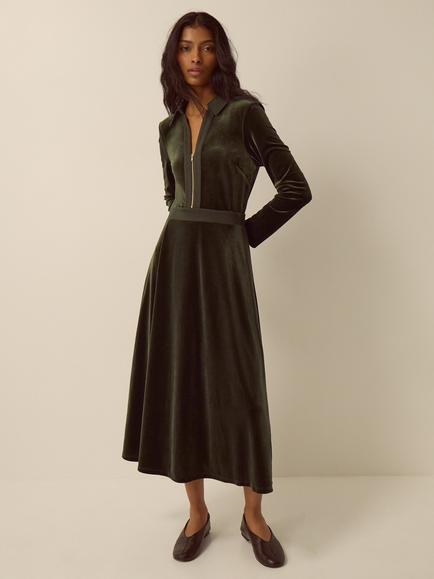 Monsoon Zeyna Zip Velvet Dress, Olive, Olive