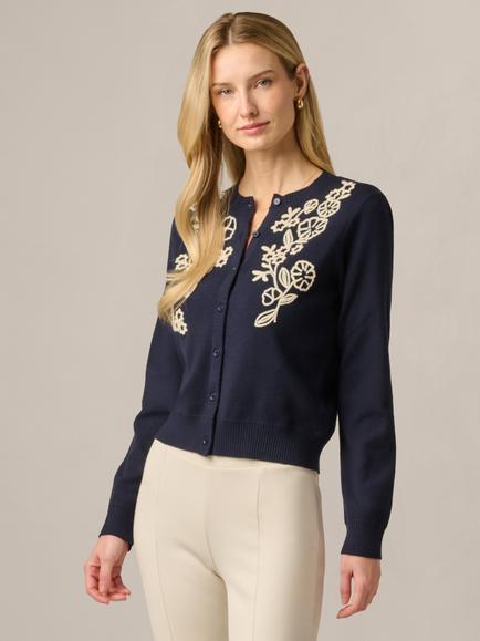 Adrianna Papell Floral Embroidered Cardigan, Navy/Cream, Navy/Cream