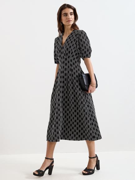 Phase Eight Yasmine Check Textured Midi Dress, Black/Ivory, Black/Ivory