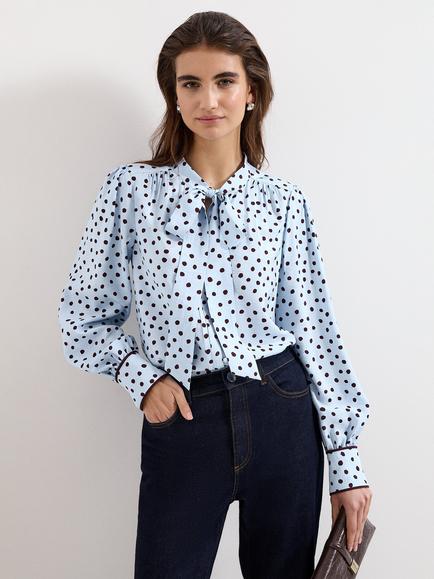 Phase Eight Coco Polka Dot Tie Neck Blouse, Pale Blue, Pale Blue