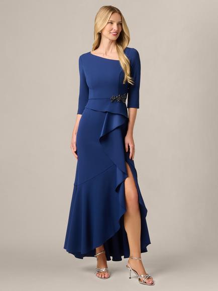 Adrianna Papell Studio Asymmetrical Bead Crepe Gown, Navy, Navy