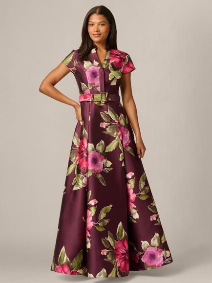 Adrianna Papell Floral Mikado Gown, Wine/Multi, Wine/Multi