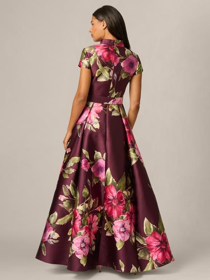 Adrianna Papell Floral Mikado Gown, Wine/Multi - view 2, Wine/Multi