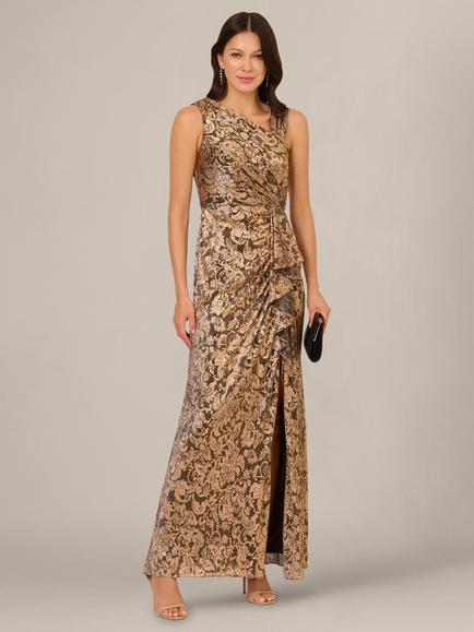 Adrianna Papell Metallic Crinkle Long Dress, Chocolate, Chocolate