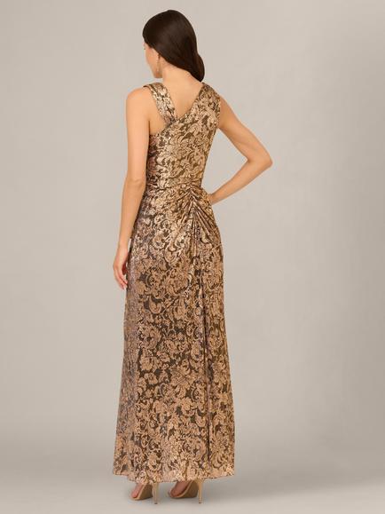 Adrianna Papell Metallic Crinkle Long Dress, Chocolate - view 2, Chocolate