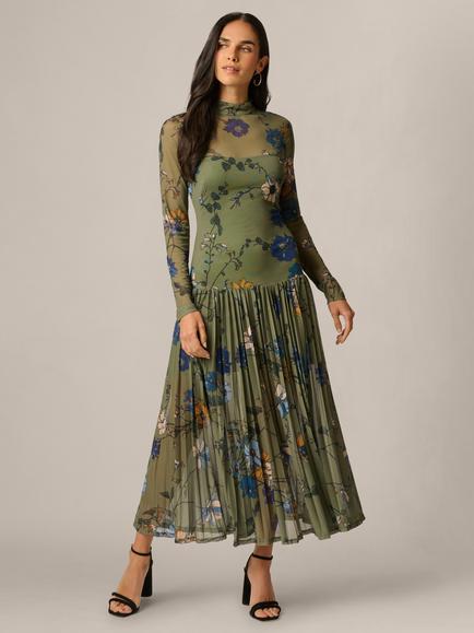 Adrianna Papell Floral Mock Neck Ankle Dress, Olive/Multi, Olive/Multi